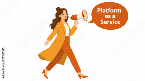 Woman in orange suit holding megaphone illustration.