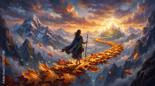 Epic Fine Art Scene of a Lone Woman on a Leaf Path Through Misty Mountains Towards a Distant Temple