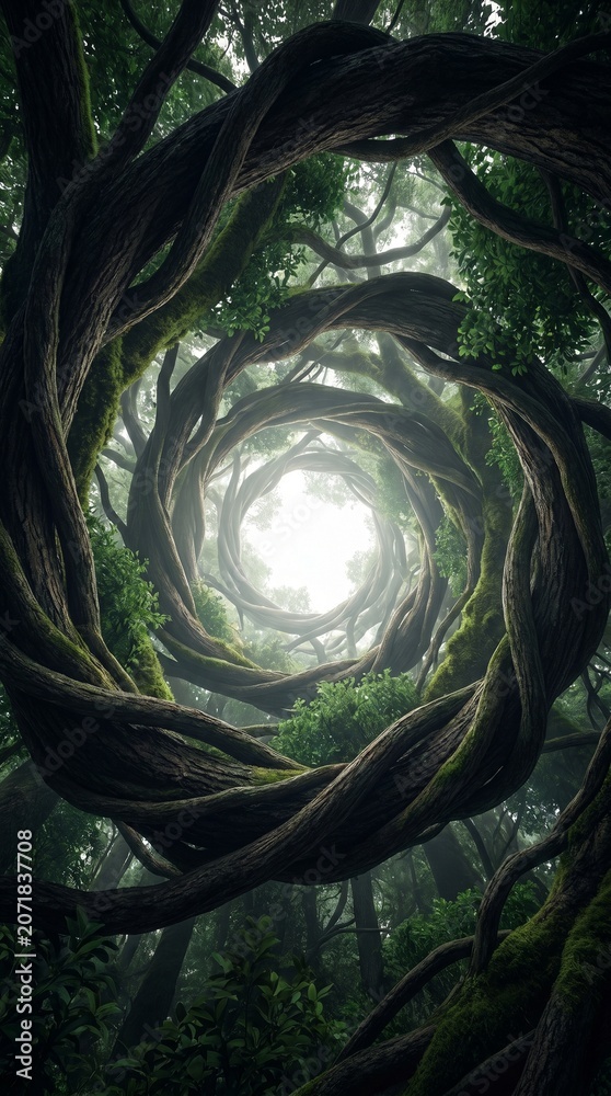 Obraz premium Surreal Forest Canopy with Twisting Vines Spiraling Towards a Bright Light in a Mystical Jungle