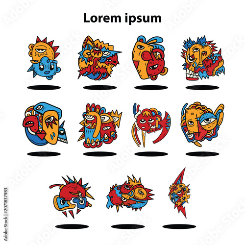 Abstract cubism doodle character face set vector