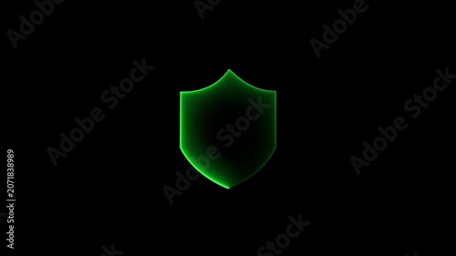 Certified guarantee approval or secure access system concept, Glowing Neon Security Shield Icon, Neon Shield with Check Mark Animation on Black Background,