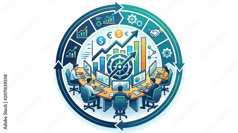 Naklejka premium Strategic Corporate Growth Analysis Integrated With Digital Workflow Process Optimization
