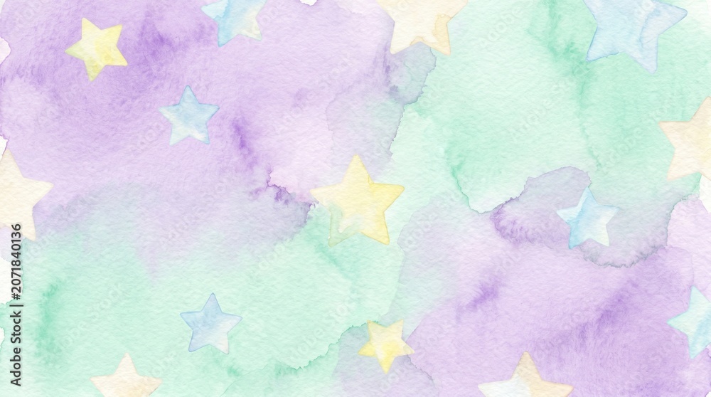 Fototapeta premium Watercolor background with pastel purple and green clouds and stars