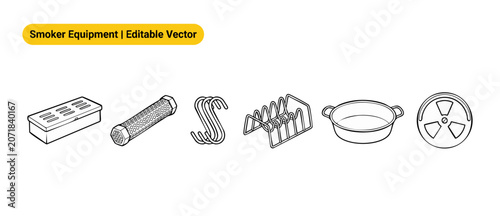 Canvastavla Smoker equipment bbq vector icons set for smoking meat grilling, featuring wood chip box, pellet tube, meat hooks, rib rack, drip water pan, damper vent outline design isolated on white background