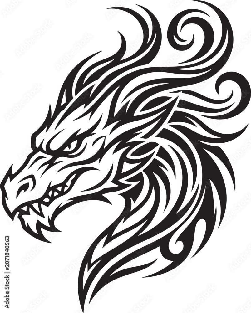 Fototapeta premium Black and white dragon head logo design with tribal style lines for fantasy tattoo art or sports team mascot emblem