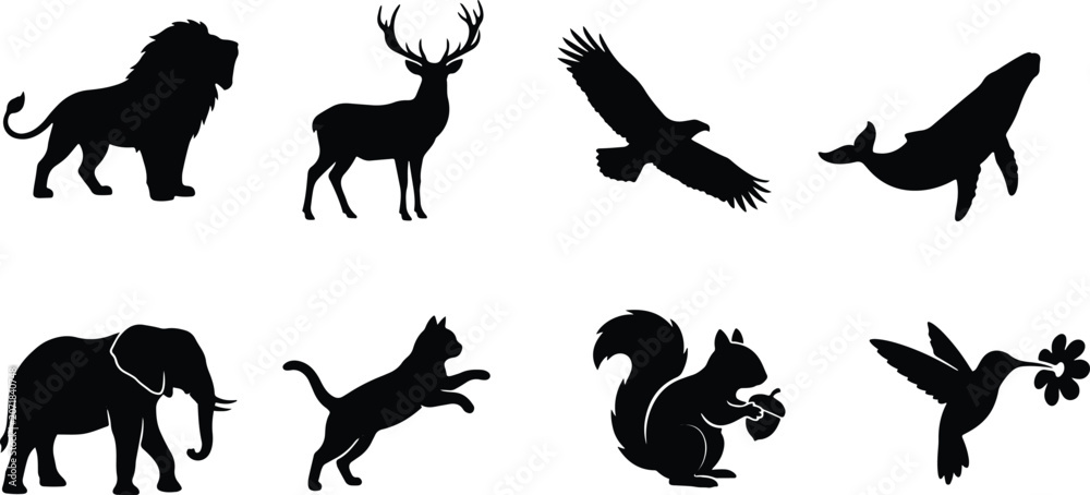 Fototapeta premium Set of black animal silhouettes isolated on white background for wild nature and wildlife graphic design concepts