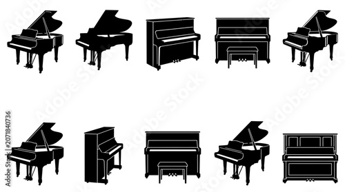 Grand Piano And Upright Piano Silhouette Collection Set Featuring Ten Detailed Musical Instrument Graphic Icons For Professional Music Design Projects