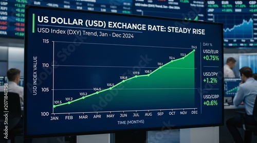 A large screen displaying a US dollar exchange rate graph with people around it