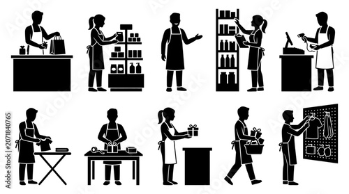 Retail Store Staff Silhouette Icon Set Featuring Professional Shop Workers Performing Customer Service Tasks And Inventory Management Daily Activities