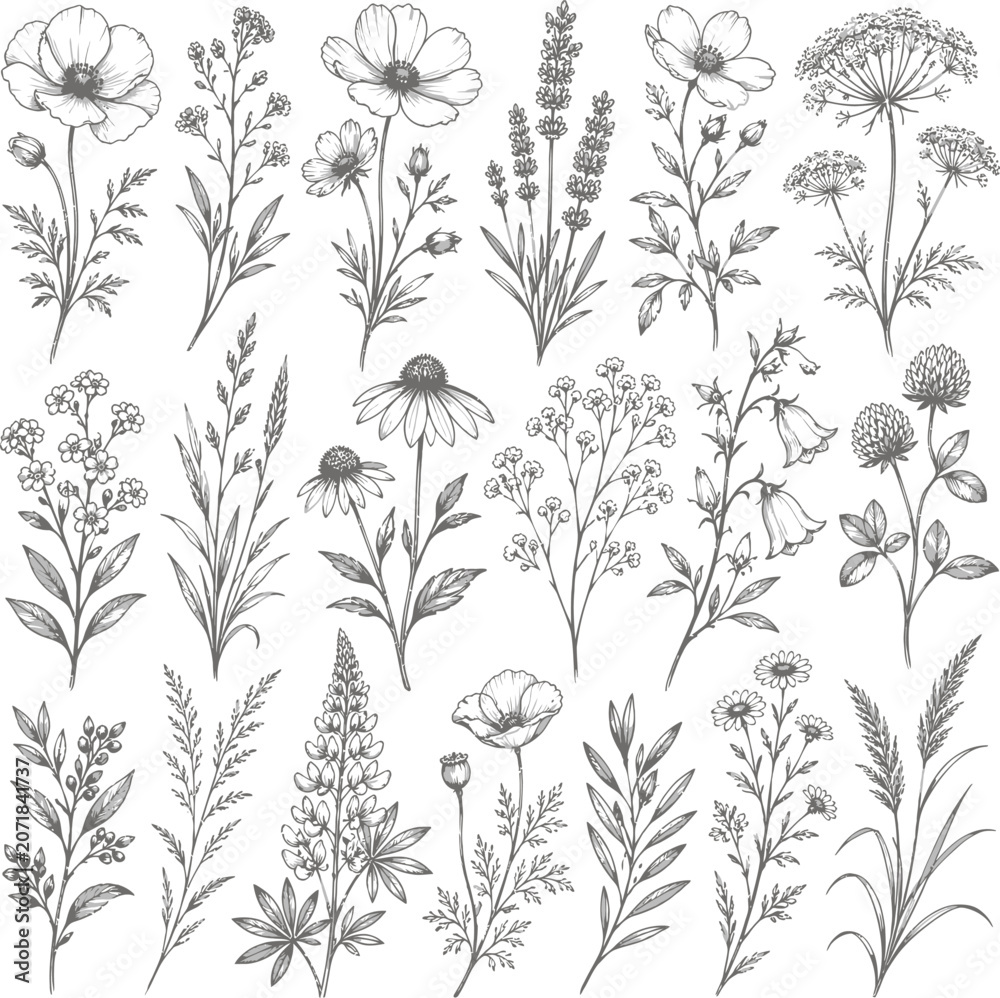 Fototapeta premium Vintage botanical illustration collection wildflower and herb sketch set