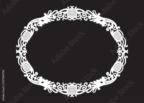 An intricate white floral illustration frame on a black background