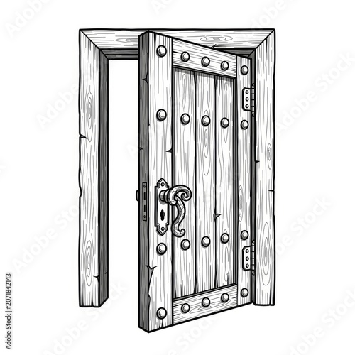 Old wooden door with metal hardware.