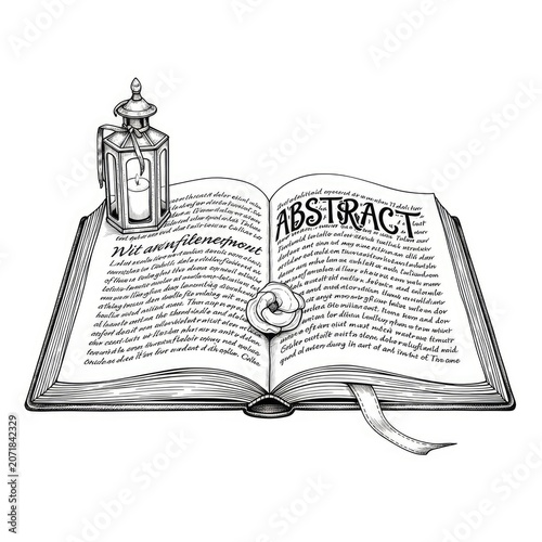 Open book with abstract and bottle.