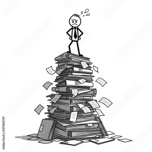 Overwhelmed businessman on paperwork mountain.