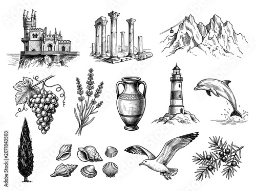 Hand drawn black ink sketch set of crimea landmark, castle, column, mountain, nature icon, isolated on white