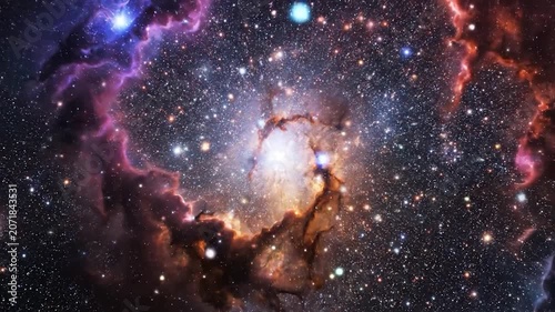 A vibrant spiral glows with bright stars and purple nebulae