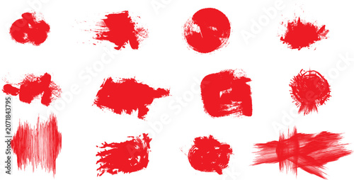Cuadro en lienzo Red grunge brush strokes and paint splatters set, blood stains or ink smudges ve