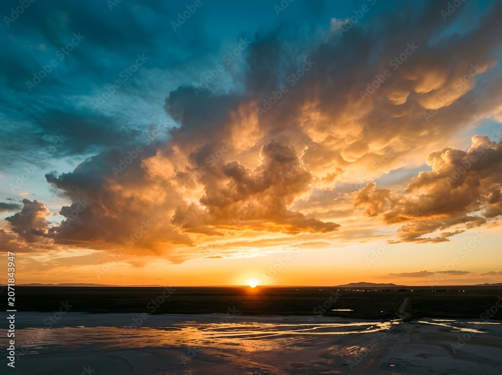 Obraz premium Vibrant sunset over a vast landscape with mammatus clouds