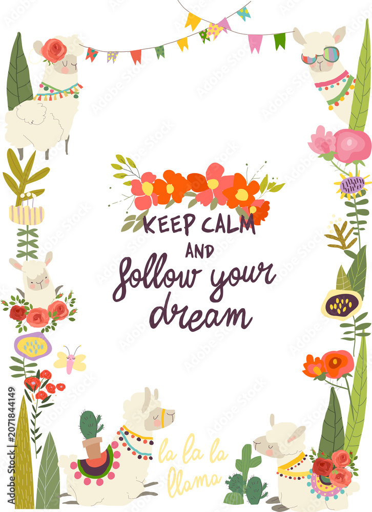 Fototapeta premium Vector Cute Cartoon Frame with Cute Alpacas and Flowers