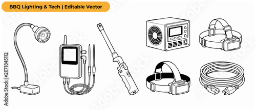Fotografija Barbecue grill accessories vector icons set featuring flexible gooseneck light, digital meat thermometer with probes, electric lighter, temperature controller fan, headlamp, and power cable outline