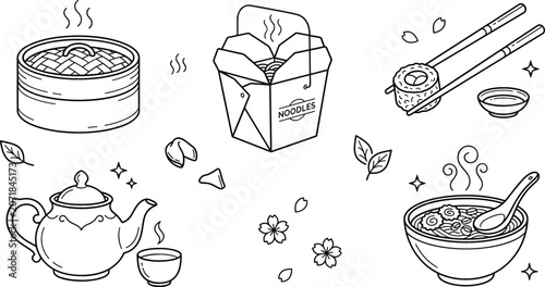 Photos Asian food Chinese traditional vector elements doodle set with dim sum noodles b