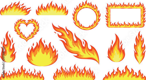 Εκτύπωση καμβά Fire flame elements collection featuring comic cartoon style blazing sparks burn