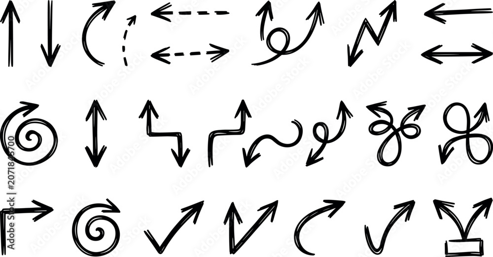 Fototapeta premium Hand drawn sketch arrow doodle line pointer icons set for corporate business presentation infographic whiteboard UI design elements