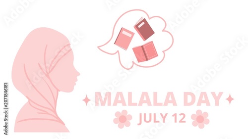 Profile silhouette  of Muslim woman in hijab with books in speech bubble and decorative typography for malala day celebration