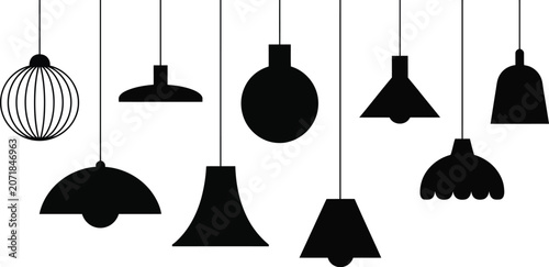 Silhouette vector illustration of various modern pendant lamps and hanging light fixtures set isolated on a clean white background.