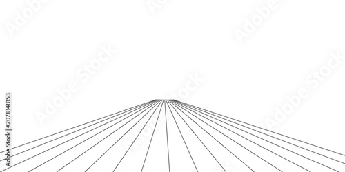Linear perspective road lines vector illustration, minimal black and white vanishing point grid background, abstract geometric path concept isolated on white.