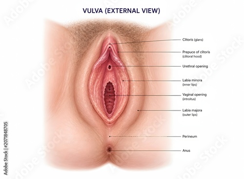 Detailed medical illustration of external female genital anatomy with labeled structures. Educational healthcare resource for gynecology and anatomy studies.