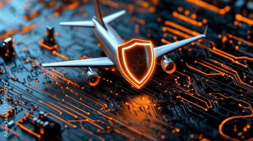 Futuristic airplane model with shield on circuit board background representing technology and security in aviation
