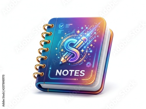 
3D Smart Notes App Icon with Digital Notebook and Pencil, Modern Productivity App UI Design