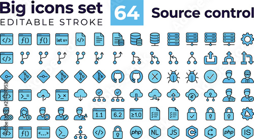 Tableau sur toile Source control line icon collection with editable outline symbols for software d