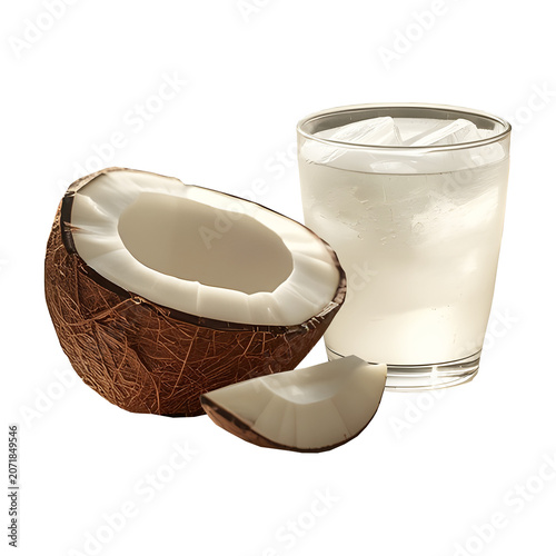a glass filled with fresh coconut water on transparent background