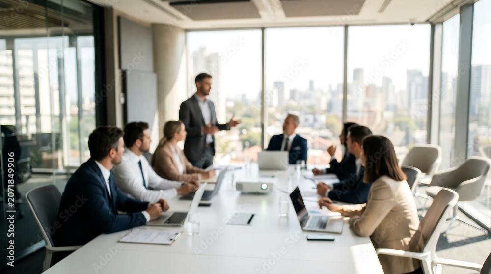 Fototapeta premium Business executive presenting strategic growth plan to team of professionals in modern sunlit boardroom with city views and glass windows during corporate office meeting