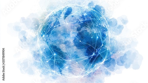 Cyber connectivity world, abstract digital globe with glowing connection lines and nodes, Watercolor style. 