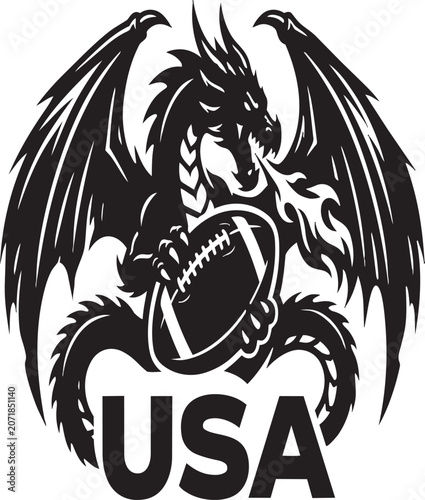 Black dragon mascot holding an american football with usa text
