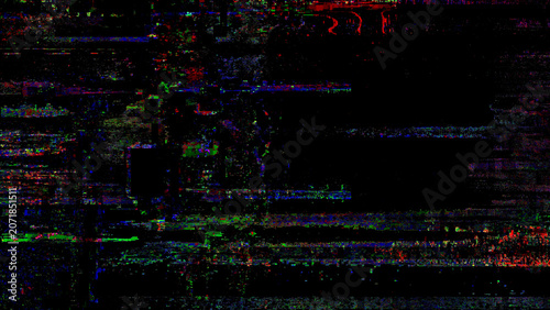 Abstract screen error texture with analog interference, signal loss, VHS noise, scanlines, and distorted broadcast effect on black background. Useful for retro video, transmission failure, and corrupt