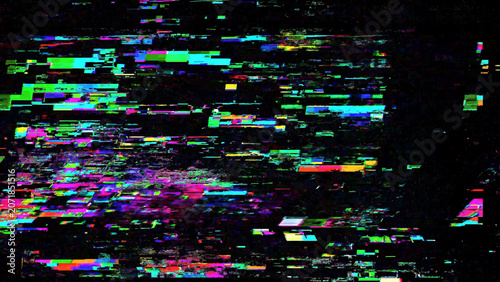 Abstract screen error texture with analog interference, signal loss, VHS noise, scanlines, and distorted broadcast effect on black background. Useful for retro video, transmission failure, and corrupt