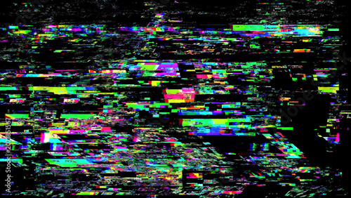Abstract screen error texture with analog interference, signal loss, VHS noise, scanlines, and distorted broadcast effect on black background. Useful for retro video, transmission failure, and corrupt