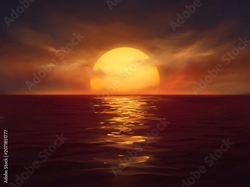 Vibrant ocean sunset with golden light reflection
