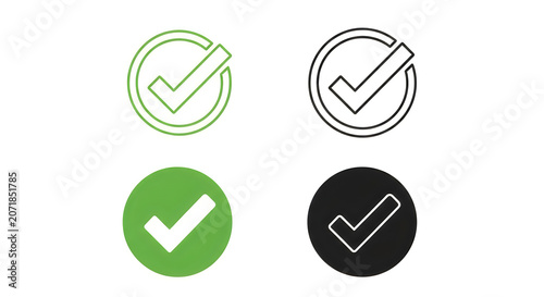 Four versions of a check mark icon in different styles and colors, including a thin outline, a thick outline, a solid green fill, and a solid black fill, arranged in a square layout
