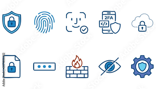 security and privacy icon set shield lock fingerprint face id password firewall vpn