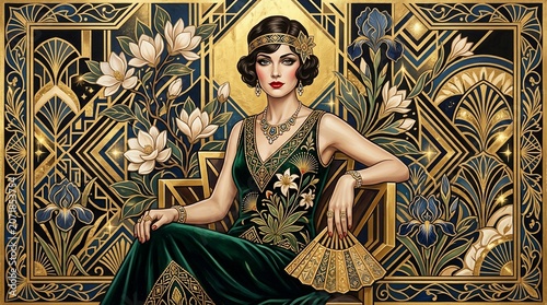 Woman sitting in Art Deco style, elegant dress and jewelry