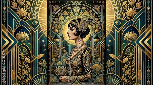 Woman in Art Deco gold and blue ornate pattern background
