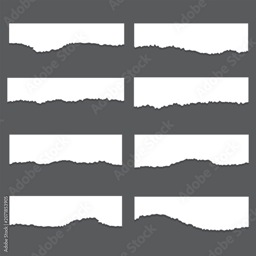 Realistic vector collection of eight white torn paper sheets and ripped note horizontal banners with rough textured edges isolated on a dark gray background.