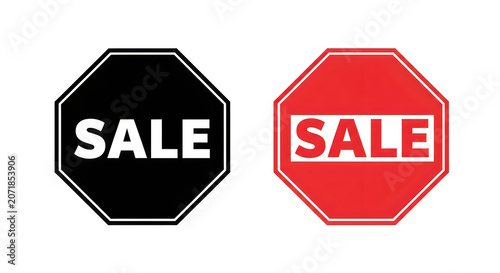 Bold black and red hexagon sale signs with white text, arranged side by side, conveying clear discount promotions and urgency in retail or marketing contexts for maximum visual impact