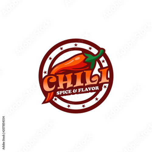 Professional vector logo design for a spicy food brand, featuring a shiny red-orange chili pepper with green stem and leaves, placed over bold vintage typography.