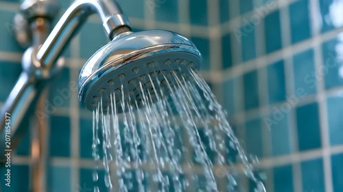 Running Shower: A close-up shot of a chrome shower head emitting a steady stream of clean, refreshing water against a backdrop of turquoise mosaic tiles, evoking a sense of cleanliness and relaxation.